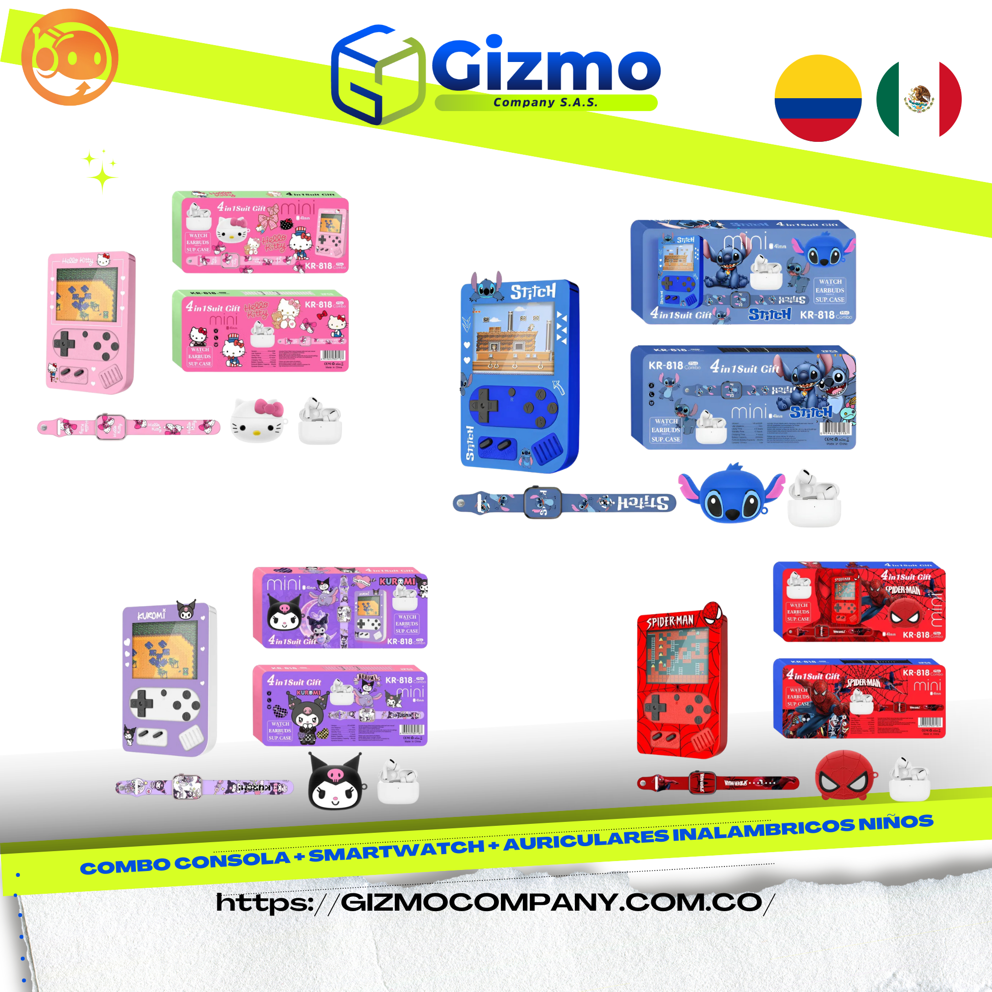 Combo Infantil 4 en 1 Reloj,Consola,Audi - Diseño: Niña